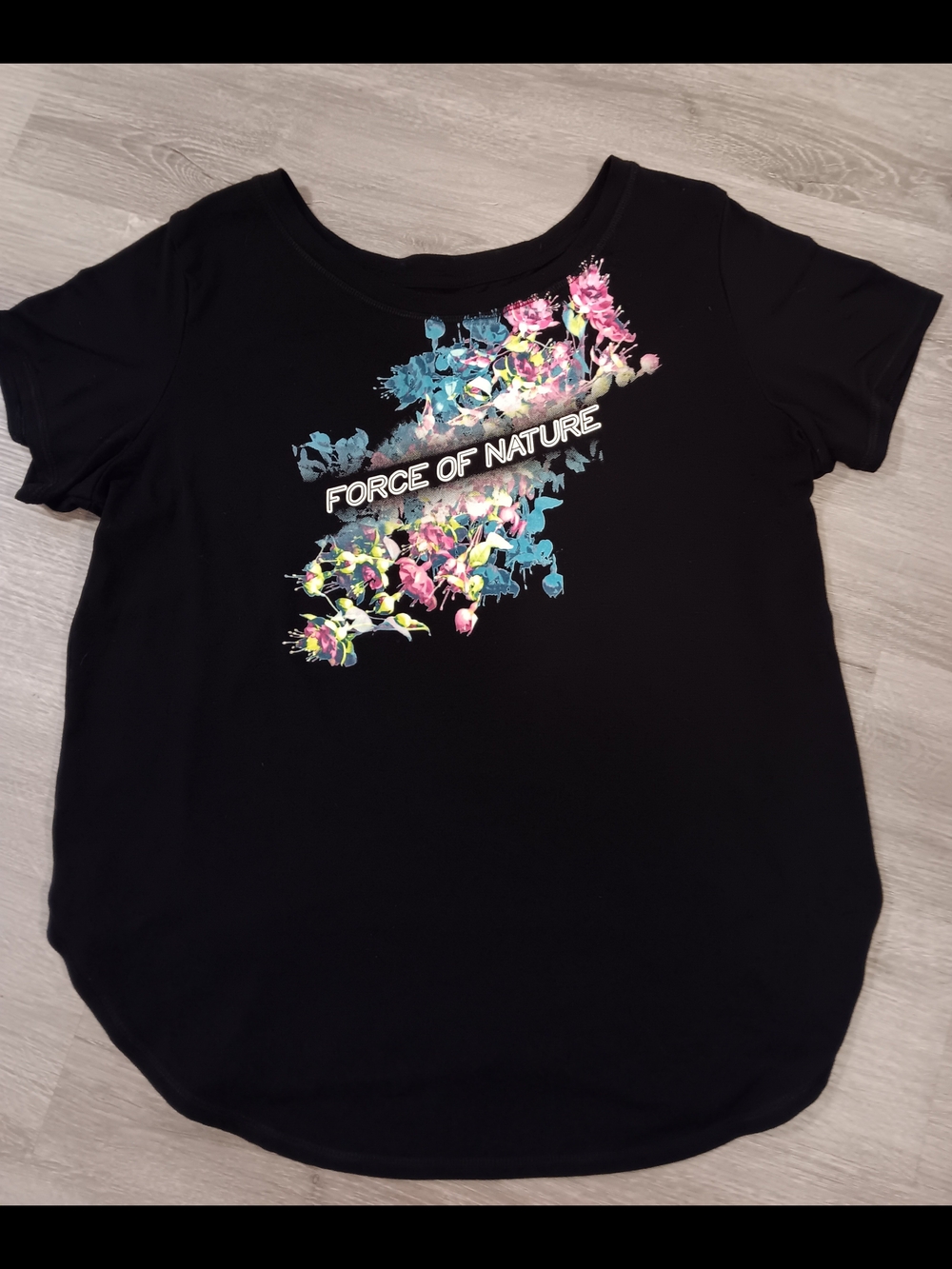 Xersion Black Tee with Multicolor Floral Accent